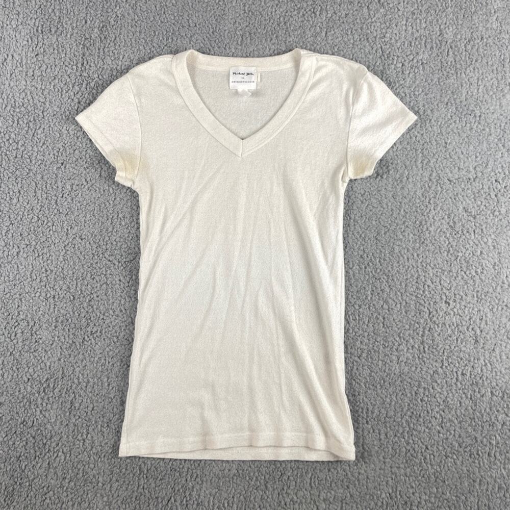 Michael Stars Anthropologie Women's White Cotton Nylon V-Neck Short Sleeve Tee